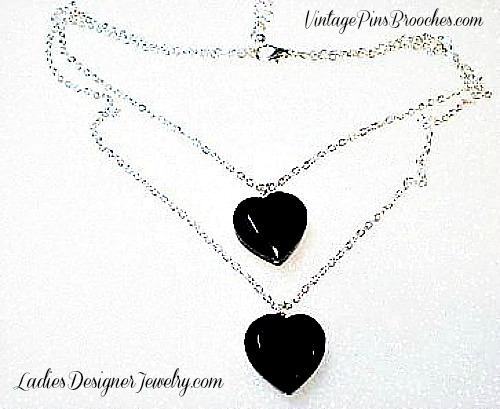Vintage Black Onyx Heart Necklace, Black Hearts Necklaces Silver Plate, Gothic Goth Necklaces, Victorian Edwardian Mourning Funeral Apparel Necklaces