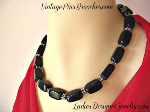 Vintage Black Onyx Necklace, Black Onyx Semi Precious Stone Necklace Necklaces, Ladies Women's Designer Fashion Jewelry, Bridal, Wedding, Special Occasion
