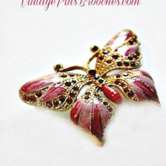 Retro Pink Vintage Style Pink Enamel Butterfly, Red Rhinestone Butterfly Pin Brooch, Butterflies Weddings Bridal, Ladies Designer Fashion Jewelry
