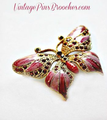 Retro Pink Vintage Style Pink Enamel Butterfly, Red Rhinestone Butterfly Pin Brooch, Butterflies Weddings Bridal, Ladies Designer Fashion Jewelry