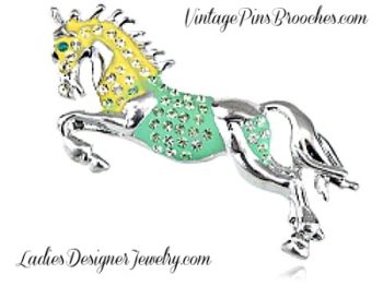 Large Jumping Stallion Pale Yellow Mint Green Horse Brooch, Equestrian Equine Horses Pins Brooches, Ladies Designer Jewelry