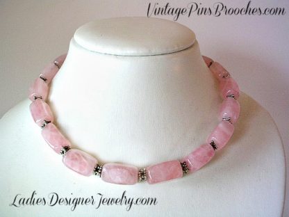 Vintage Pink Rose Quartz Gemstone Necklace, Semi Precious Necklaces, Bridal Love Weddings, Women's Ladies Designer Fashion Necklaces Jewelry