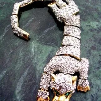 Vintage Pave Diamond Crystal Emerald Tiger Shoulder Pin Brooch, Ladies Designer Jewelry Tigers, Women's Vintage Brooches Pins
