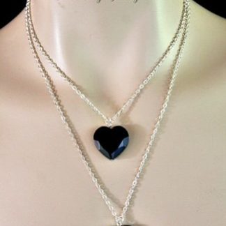 Vintage Black Onyx Heart Necklace, Black Hearts Necklaces Silver Plate, Gothic Goth Necklaces, Victorian Edwardian Mourning Funeral Apparel Necklaces