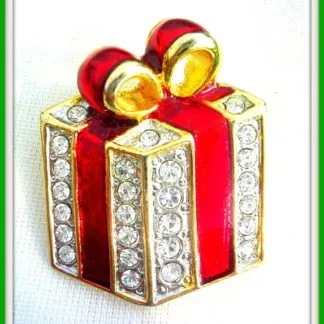 Vintage Rhinestone Christmas Present Brooch Pin Jewelry, Christmas Holiday Presents With Rhinestones, Estate Brooches Pins Jewelry Red Enamel