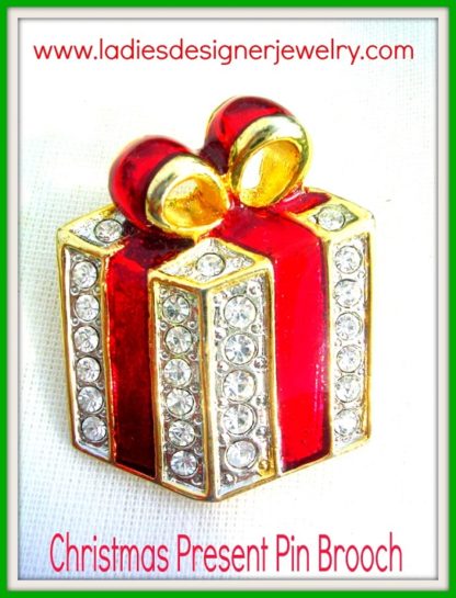 Vintage Rhinestone Christmas Present Brooch Pin Jewelry, Christmas Holiday Presents With Rhinestones, Estate Brooches Pins Jewelry Red Enamel