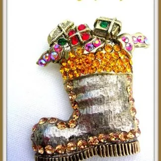 Vintage Rhinestone Santa Clause Boot Stocking With Rhinestones Brooch Pin, Topaz Rhinestone Christmas Santa Clause Boot Stocking Presents, Ladies Designer Holiday Jewelry Estate Pins Brooches