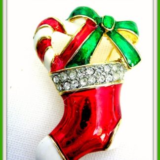 Vintage Diamond Rhinestone Christmas Stocking Brooch Pin, Red White Green Enamel Christmas Santa Clause Stocking Pins Brooches, Ladies Designer Holiday Pins Brooches Estate Sale