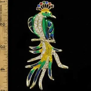 Large Vintage Peacock Sapphire Emerald Ruby Rhinestone Pin Brooch