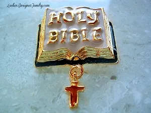 Holy Bible Pin Dangling Cross Enameled Black White Gold Plate Brooch, Vintage Holy Bible Pin Broach, Bibles