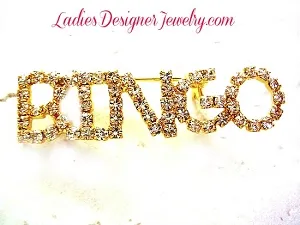 Bingo Word Pin Brooch Jewelry Chanel Set Gold Plate Casino Jewelry - Word Gaming Brooch, With Glittering Crystal Rhinestones For Ladies, Bingo Casino Winner Game Pin Q9V-2, Bingo Fashion Gaming Pin Chanel Set