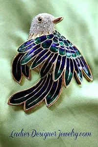 Vintage Gold-Plate Rare Crystal Diamond Rhinestone Bird Animal Brooch Pin, Birds Brooches Pins Jewelry, Huge Handpainted Blue Green Bird Pin 339