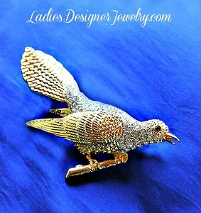 Vintage Gold-Plate Huge Rhinestone Singing Bird On A Branch Brooch Pin Jewelry, Birds Crystal Brooches Pins Jewelry