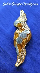 Vintage Gold-Plate Unsigned Large Rhinestone Exotic Bird Cockatoo - Cockatiel Parrot Brooch Pin. Hand Painted Enameled Bird Of Paradise Diamond Crystal Pave Set Rhinestones, birds animals brooches pins vintage