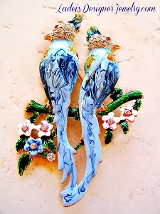 Vintage Gold-Plate Large Rhinestone Enameled Blue Love Bird Doves Duette Pin Broche. Hand Painted Blue Birds Of Paradise, Birds Crystal Brooches Pins Jewelry