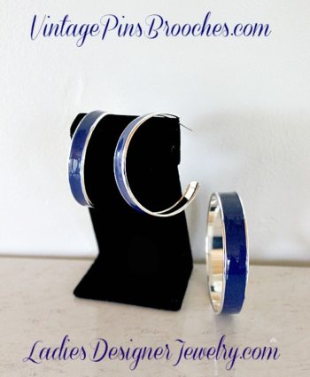 Vintage Navy Blue Enamel Bangle Bracelet Hoop Earring Jewelry Set, Vintage Pins Brooches, Ladies Women's Designer Fashion Jewelry Bracelets Earrings