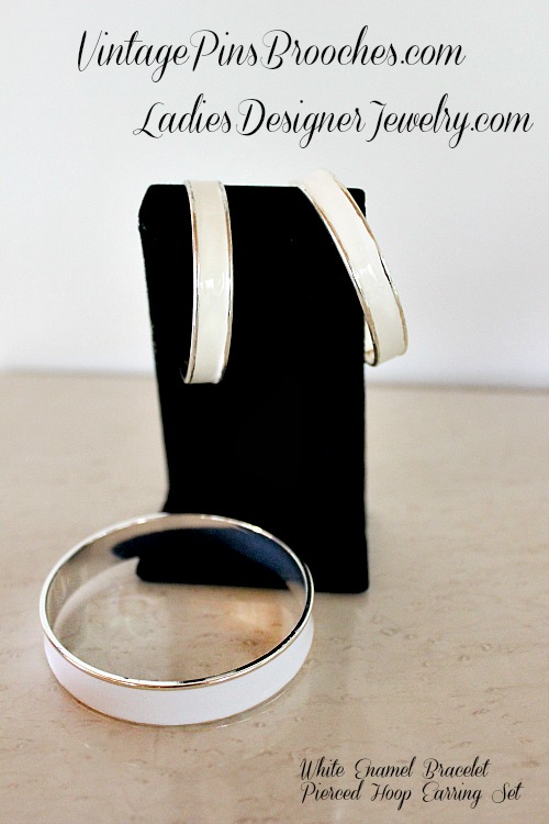 Vintage White Enamel Bangle Bracelet Pierced Hoop Earring Set, Enamel Silver Tone Bracelet, Enamel Hoop Pierced Earrings, Women's Ladies Designer Jewelry, Vintage Pins Brooches