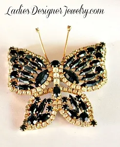 Vintage Gold Plate Large Butterfly Pin Brooch Jewelry With Black Navette Rhinestones - Figural Vintage Butterfly, Butterflies, Black Large Butterfly Pin Rhinestones JB