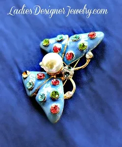 Butterfly Brooch Pin Blue Enamel Pearl Rhinestone Brooch Pin Jewelry, Butterflies Insect Brooches Designer Fashion Pins, Bridal Weddings