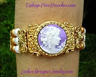 Vintage Victorian Silhouette Cameo Orange White Glass Beaded Bracelet, Ladies Designer Jewelry Bracelets, Purple White Cameos