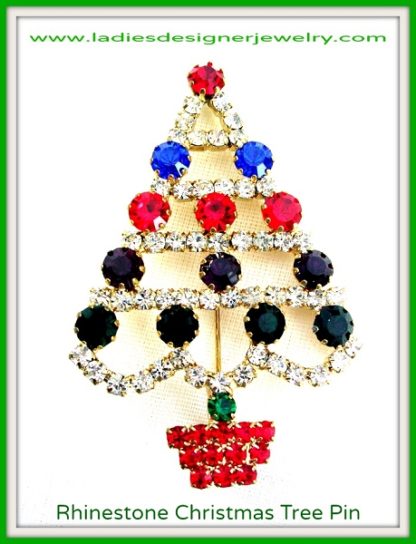 Vintage Rhinestone Christmas Tree Broochh Pin, Holiday Christmas Tree Diamond Ruby Emerald Ametyst Brooches Pins, Estate Jewelry