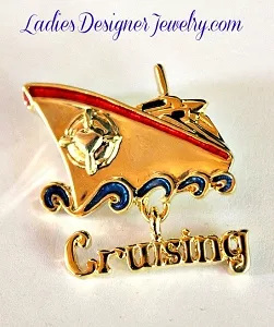Vintage Handpainted Red Blue Cruise Ship Pin Brooch Cruising Jewelry, Vintage Cruise Ship Pin 84H, Gold Cruising Pin Ocean Liner