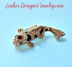Vintage Gold-Plate Pave Diamond Crystal Rhinestone Jumping Fish Pin Brooch - Figural Handpainted Fish Pin Brooch Sealife Ocean Jewelry, Marine Life Fish Figural Pin Broach J33, Crystals Pave Diamond Fish Broche Pins