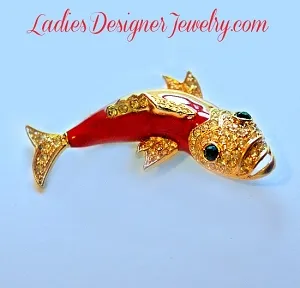 Ruby Red Enameled Bass Fish Pin Pave Rhinestone Fishing Brooch, Marine Life Fish Figural Pin Broach 9V7, Crystals Pave Diamond Fish Broche Pins