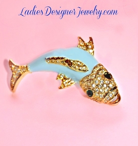 Ocean Blue Enameled Bass Fish Pin Pave Daimond Rhinestone Brooch, Marine Life Fish Figural Pin Broach 9V5, Crystals Pave Diamond Fish Broche Pins