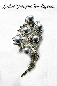 Vintage Grey Pearl Diamond Crystal Rhinestone Antique Silver Plate Flower Bouquet Brooch Pin - Floral Jewelry, ouquet Of Flowers Brooch Pin 948, flowers brooches pins vintage