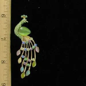 Vintage Peridot Pink Sapphire Peacock Pin Brooch, Peacocks Animals Brooches Pins, Ladies Women's Designer Fashion Peacock Brooches Pins Jewelry Estate