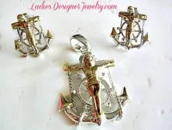 Jesus Crucifix Cross Anchor Pendant Pierced Earring Set Vintage Christian, Christianity Christian Pendant Earrings, Faith Pins Brooches NBH