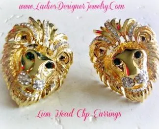 Gold Plate Vintage Lion Clip Diamond Emerald Rhinestone Earrings Jewelry Ladies, Apparel And Accessories, Rhinestone Designer Jewelry, Lion Head Clip Earrings, Lions