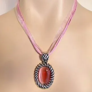 Vintage Victorian Pastel Pink Cabochon Lucite Necklace Pendant, Necklaces, Ladies Women's Designer Fashion Jewelry