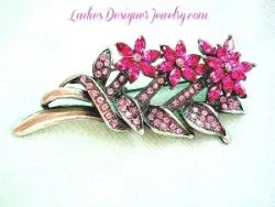 Vintage Pink Sapphire Navette Rhinestone Antiqued Silver Plate Flower Bouquet Brooch Pin - Floral Jewelry, Flower Brooches Pins Vintage Wedding Bridal, Designer Fashion Fine Jewelry