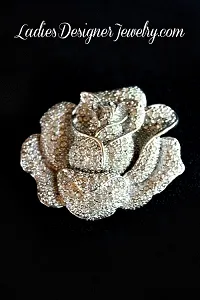 Vintage Large Pave Diamond Rhinestone Rose Head Pin Brooch Jewelry, Roses Silver Plate Brooches Pins, Wedding Bridal Brides Hair Dresses Accessory
