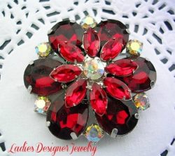 Vintage Rhinestone Ruby Red Flower Pin Brooch Jewelry Pins, Silver Plate Ruby Red Flower Burst Pin PA, Wedding Bridal Hair Accessory Gown, Flowers Burst Rhinestones Designer