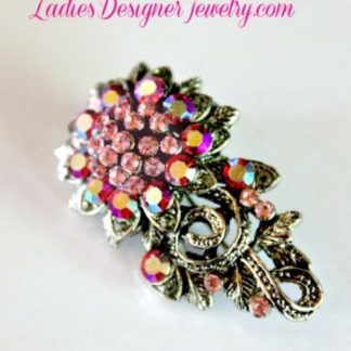 Vintage Aurora Borealis Iridescent Pink Sapphire And Crystal Rhinestone Antique Silver Plate Flower Bow Bouquet Brooch Designer Pin - Floral Jewelry.