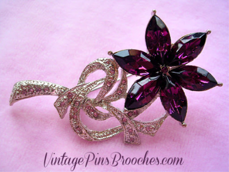 Vintage Amethyst Purple Marquis Flower Brooch With Rhinestones, Diamond Amethyst Vintage Flower Brooches Pins, Ladies Women's Designer Fashion Estate Flower Jewelry