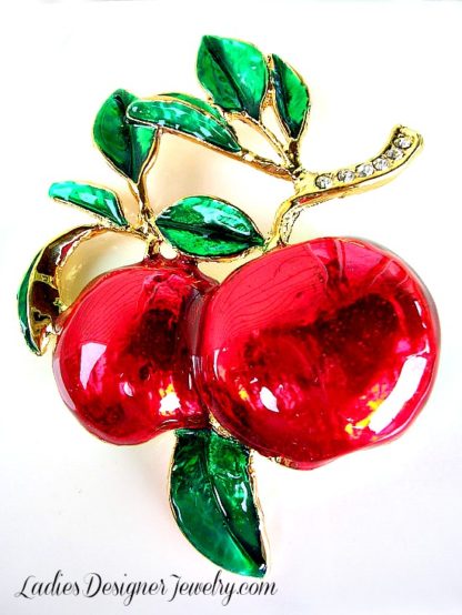 Vintage Red Enamel Cherry Branch Pin Brooch With Diamond Rhinestones, Cherries Fruit Brooches Pins Rhinestones, Ladies Women's Designer Fashion Jewelry Estate