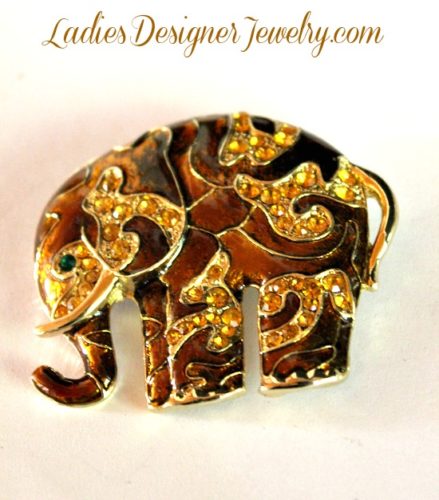 Vintage Brown Bronze Topaz Rhinestone Elephant Brooch Pin Jewelry, Elephants, Ladies Designer Jewelry, Elephant Pins Brooches With Rhinestones And Enamel