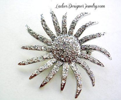 Vintage Diamond Rhinestone Flower Sunburst Pin Brooch, Starburst Pins Brooches Rhinestones, Ladies Women's Designer Fashion Jewelry Flower Sunburst