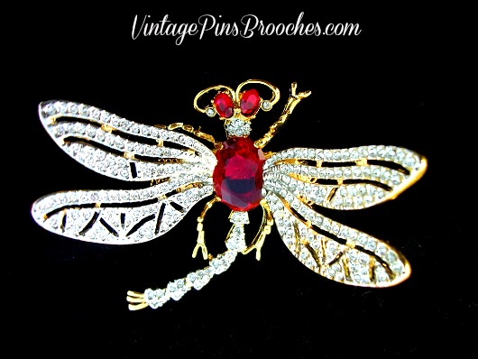 Vintage Ruby Red Diamond Rhinestone Dragonfly Brooch Pin, Dragonfly Pins Brooches, Rhinestone Vintage Pins Brooches, Ladies Designer Fashion Jewelry