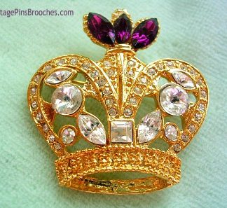 Vintage Amethyst Purple Diamond Rhinestone Crown Pin Brooch, Rhinestone Crown Brooches Pins Women, Ladies Designer Jewelry Royal Crowns