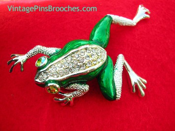 Vintage Emerald Green Enamel Diamond Rhinestone Frog Brooch Pin, Large Frog Pins Brooches With Rhinestones Estate Jewelry, Ladies Designer Jewelry