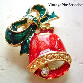 Vintage Red Green Enamel Diamond Rhinestone Christmas Bell Brooch Pin, Ladies Designer Estate Holiday Brooche Pins Jewelry