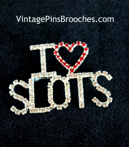 I Love Slots Rhinestone Heart Casino Las Vegas Brooch Pin, Gaming Slot Machines Slots, Vintage Brooches Pins Diamond Rhinestone