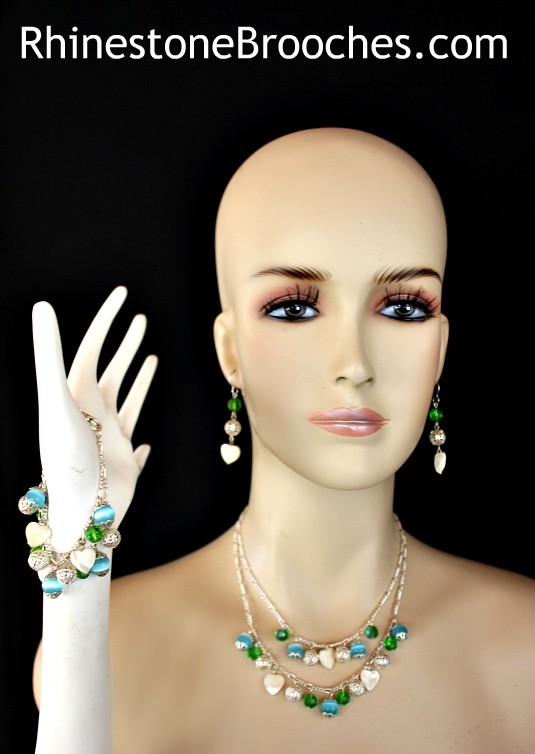 Women's Vintage Pearl Shell Heart Glass Beaded Necklace Bracelet Earring Set, Ladies Designer Fashion Jewelry